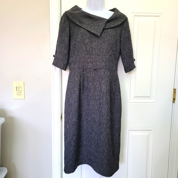 WHBM Gray Tweed Classic Knee Length 3/4 Sleeve Statement Collar Dress Size 6 - Picture 1 of 10